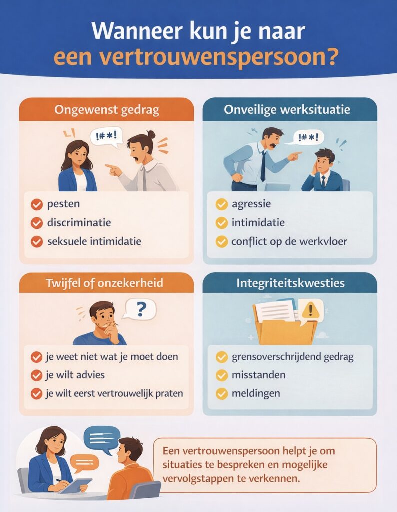 nfographic wanneer je naar een vertrouwenspersoon kunt gaan, met voorbeelden zoals pesten, discriminatie, agressie en conflicten op het werk.